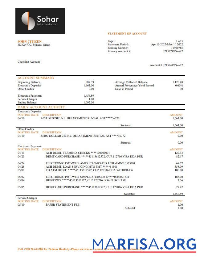 Printable Oman Sohar International bank statement word template